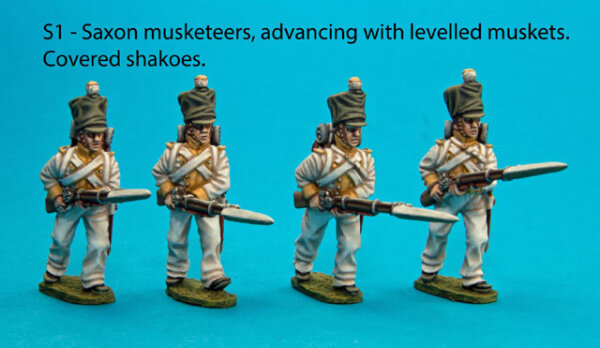 Four Saxon Musketeers with Covered Shakoes in Advancing Poses